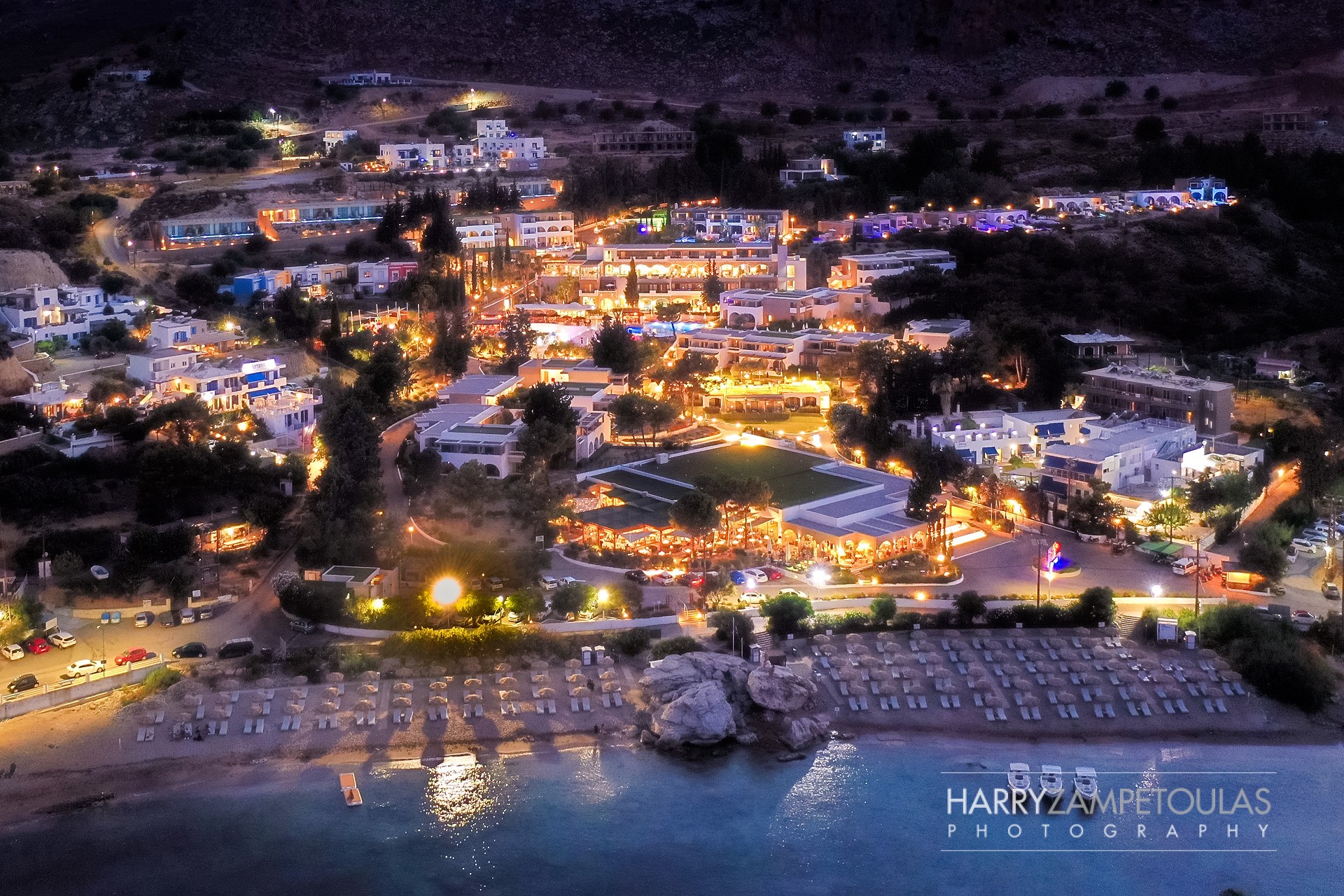 Aerial-Exterial-Night-1 Porto Angeli Resort Hotel - Hotel Photography Harry Zampetoulas 
