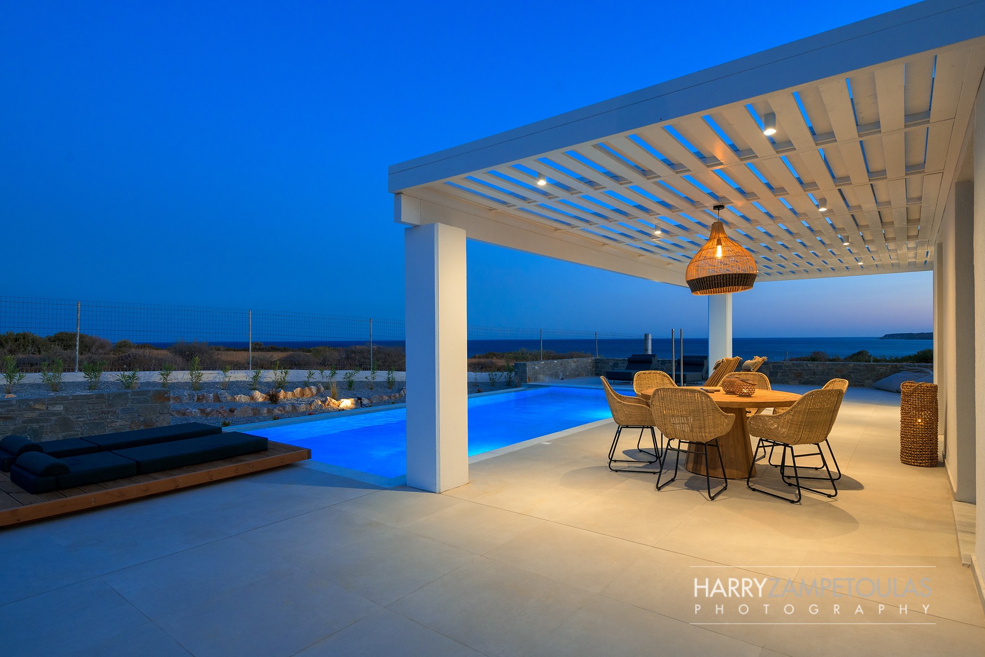 Pool-Area-Night-1 Sirius Villa, Gennadi, Rhodes - Harry Zampetoulas Villa Photography 