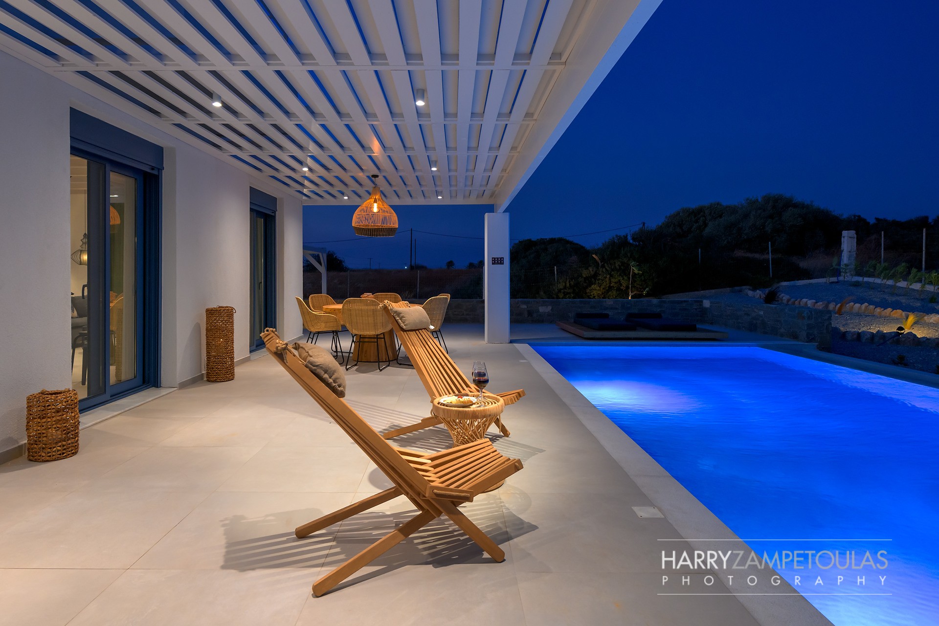 Pool-Area-Night-4 Sirius Villa, Gennadi, Rhodes - Harry Zampetoulas Villa Photography 