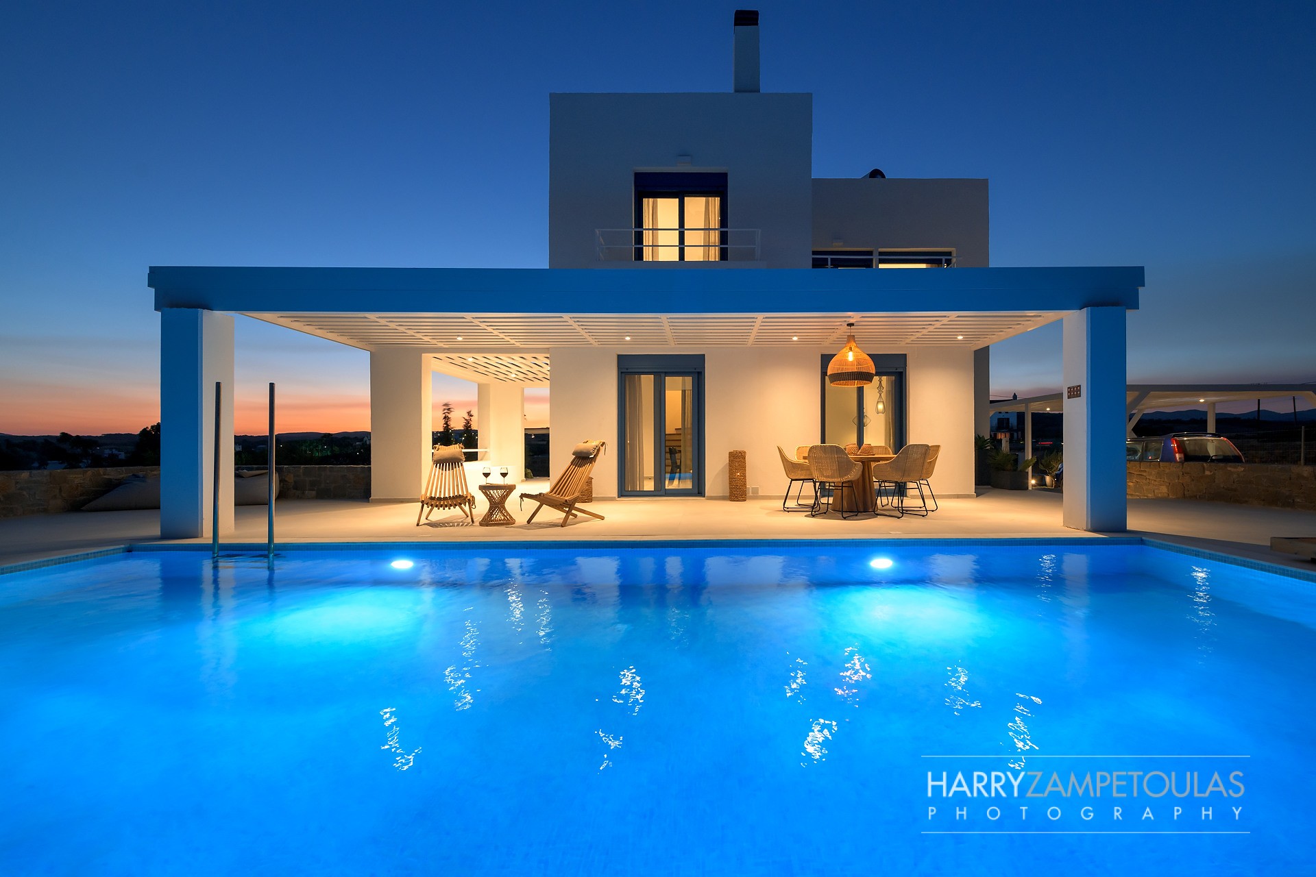 Pool-Area-Night-6a Sirius Villa, Gennadi, Rhodes - Harry Zampetoulas Villa Photography 