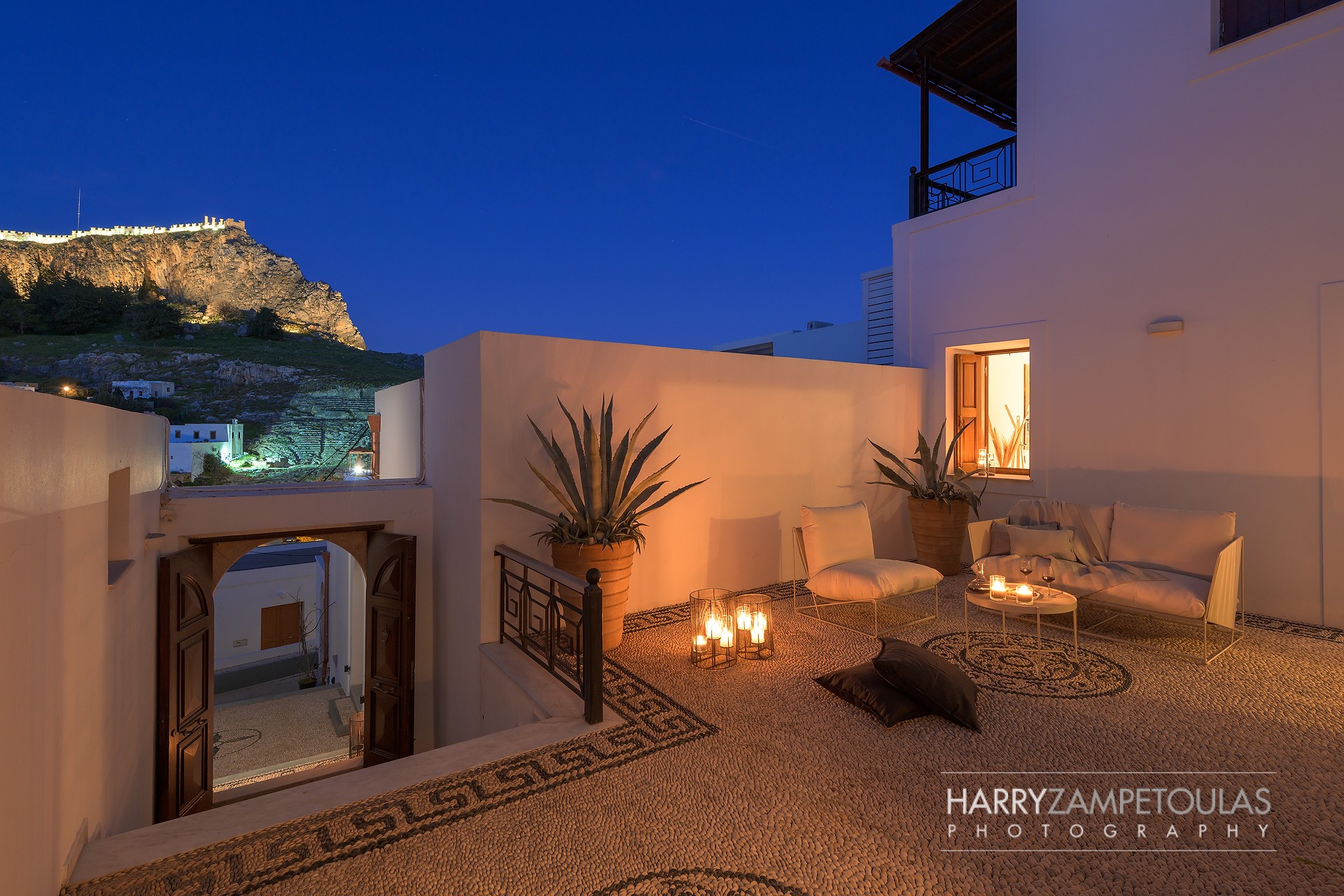 Yard-Night-2 Panthea Valasia Boutique Villa -Lindos - Harry Zampetoulas Villa Photography 