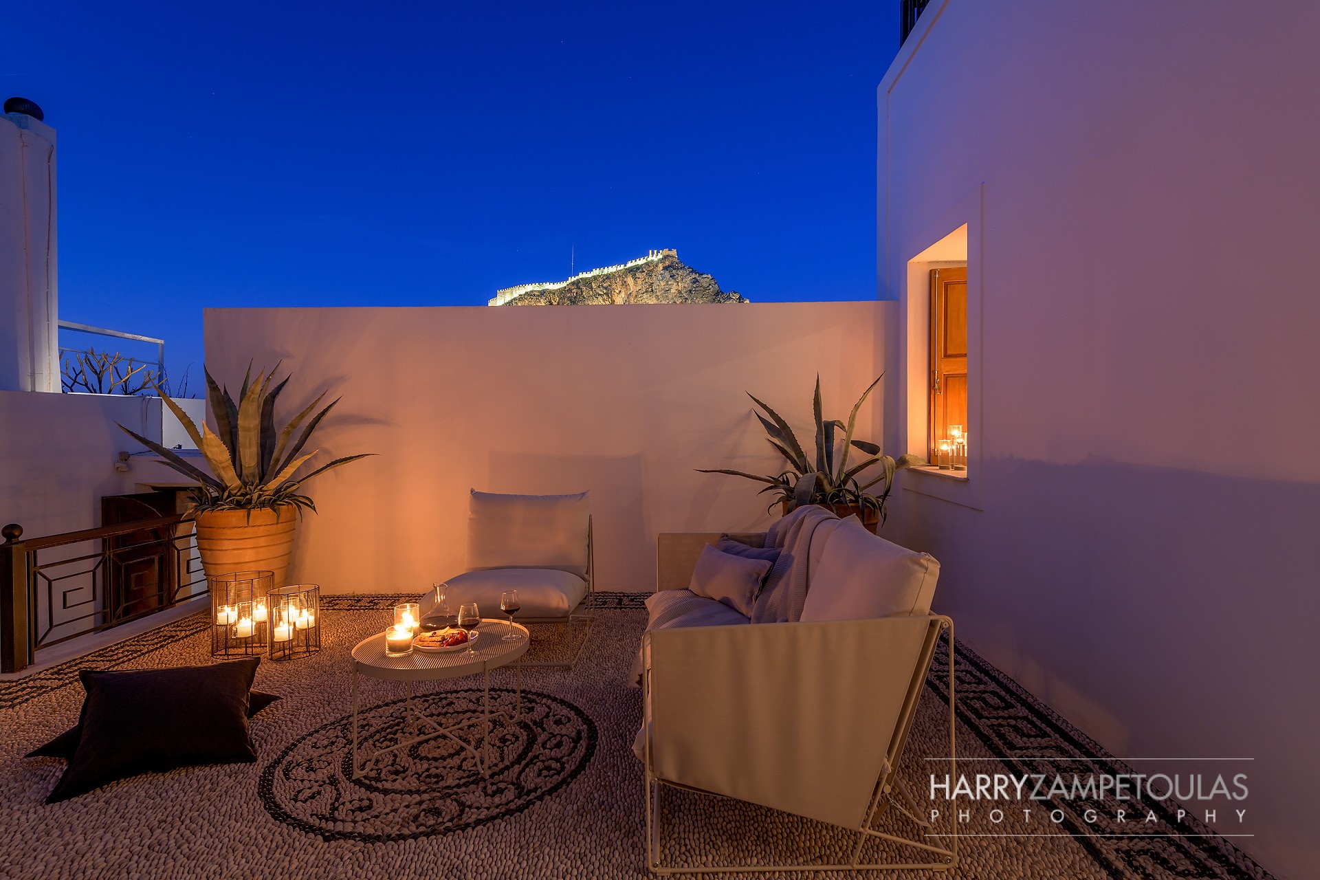 Yard-Night-3 Panthea Valasia Boutique Villa -Lindos - Harry Zampetoulas Villa Photography 