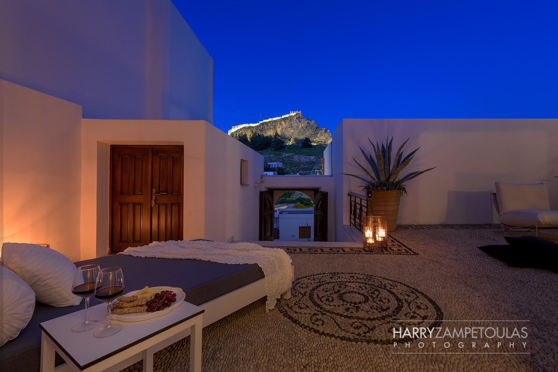 Yard-Night-4 Panthea Valasia Boutique Villa -Lindos - Harry Zampetoulas Villa Photography 